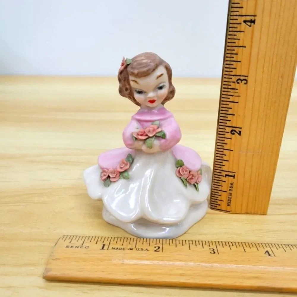 Vintage Pink & Lustery Girl with Applied Flowers Ceramic Figurine